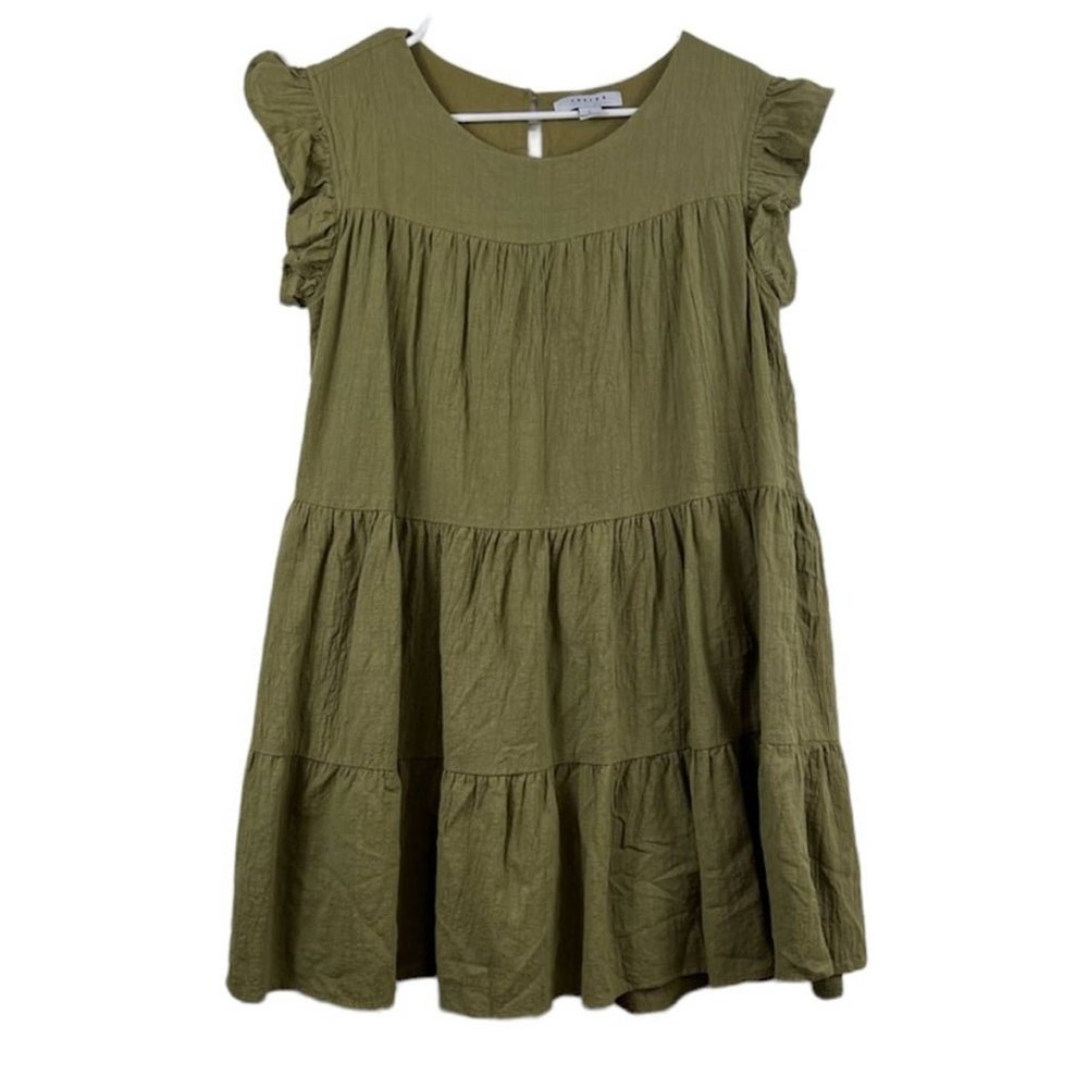 Favlux Fashion Cotton Olive Green Short Ruffle Sleeve Pullover Tiered Mini Dress
